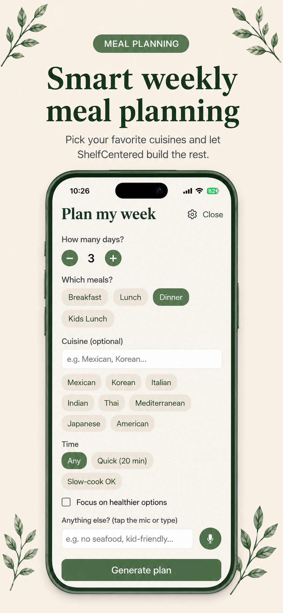 ShelfCentered weekly meal planning screen